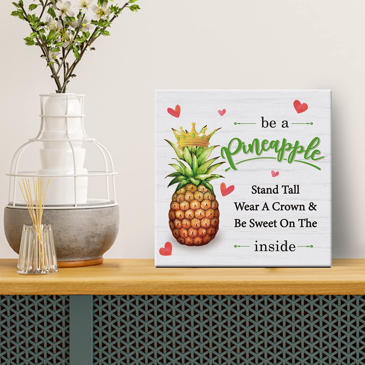 Positive Summer Canvas Prints Wall Art Decor Desk Sign Be a Pineapple Quote Poster Painting Framed Artwork 8 x 8 Inch Girl Daughter Room Home Office Shelf Wall Decoration
