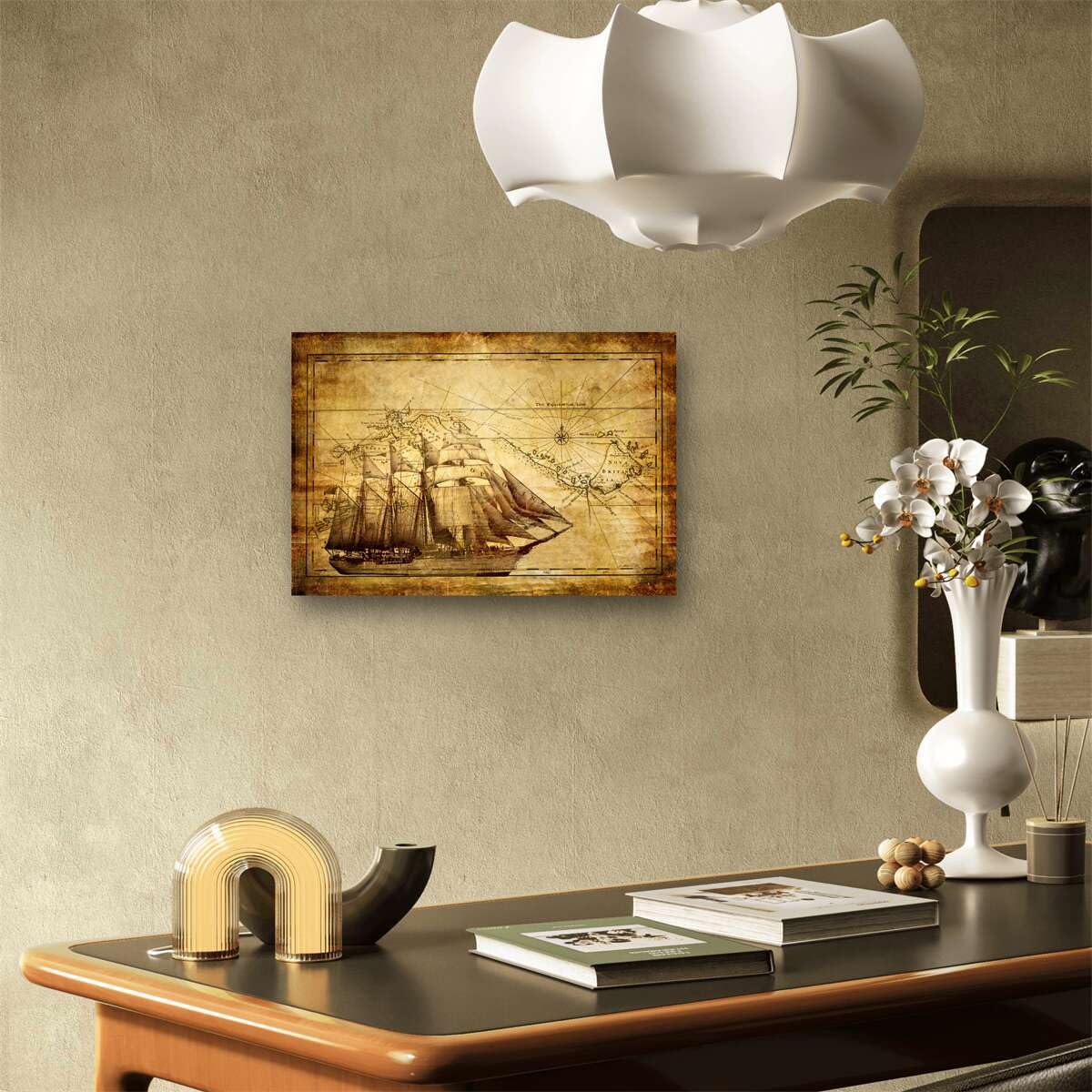 Meishe Art Old Sailing Ship Nautical Map Poster Print Wall Art Picture Home Canvas Decor (15.75" x 23.62")