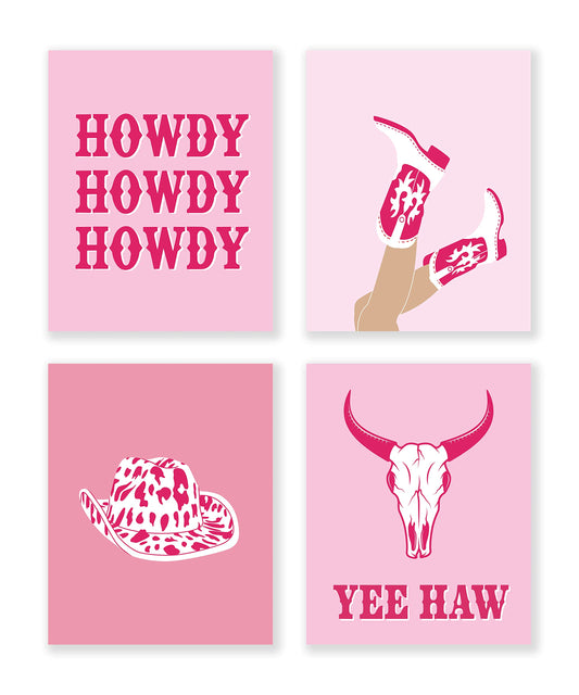 LiTiu Cowgirl Hat Boots Howdy Bull Skull Preppy Hot Pink Wall Art Poster Prints Decor, 8”x10”Set Of 4, Preppy Artwork Teens Girls Gifts for Women, Decorations For Girls Room