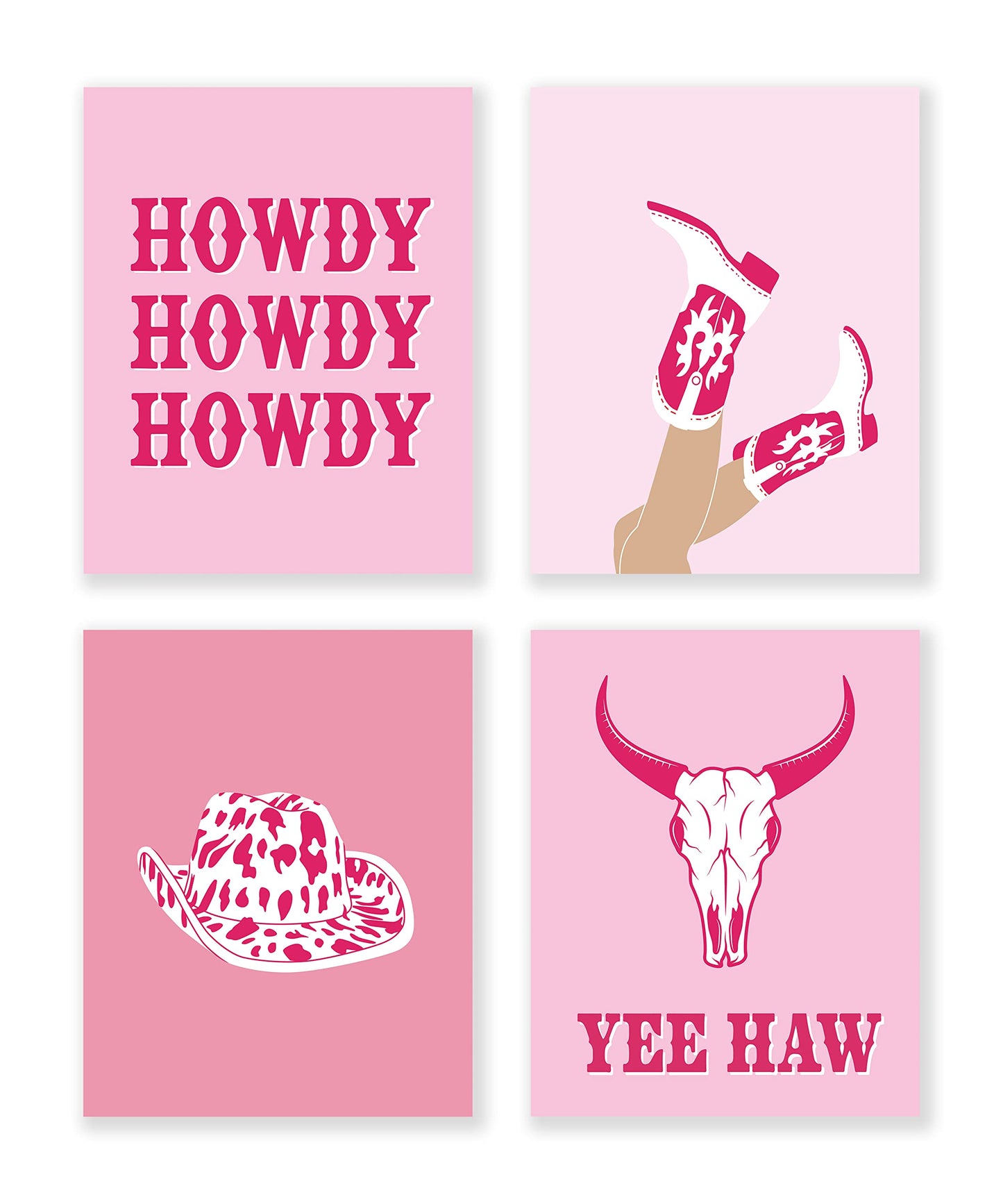 LiTiu Cowgirl Hat Boots Howdy Bull Skull Preppy Hot Pink Wall Art Poster Prints Decor, 8”x10”Set Of 4, Preppy Artwork Teens Girls Gifts for Women, Decorations For Girls Room