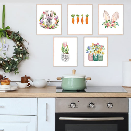 Whaline 9Pcs Happy Easter Wall Art Prints Bunny Egg Carrot Rabbit Floral Printed Paper Art Posters Minimalism Decorative Wall Decor for Home Gallery Living Room Bedroom Decor, 8 x 10 Inch, Unframed