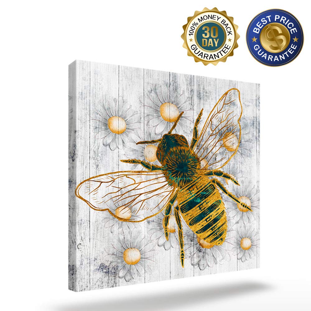 Spring Honey Bee Canvas Print Wall Art, Farm White Daisy Oil Painting Artwork Photo Poster, Blossoms Floral Animals Artworks for Living Room/Kitchen/Bedroom/Bathroom Wooden Framed Ready to Hang 8x8in