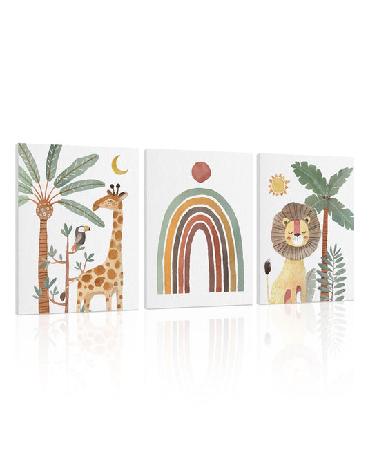 Boho Animal Nursery Wall Art: Safari Animal Prints for Kids' Room, Baby Nursery Decor for Boy Girl, 3 Pieces Giraffe Lion Parrot Rainbow Picture Bedroom Decoration 12" x 16"