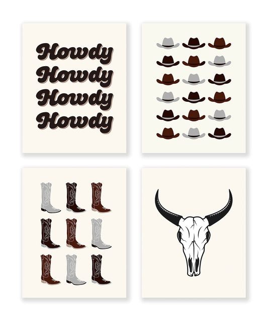 LiTiu Cowboy Hat Boots Howdy Bull Skull Preppy Retro Wall Art Poster Prints Decor, 8”x10”Set Of 4, Preppy Artwork Teen Cowgirl Girls Gifts for Women, Decorations For Girls Room