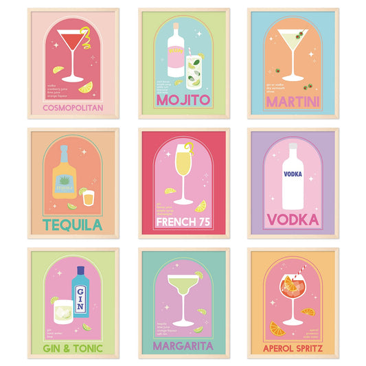 Whaline 9Pcs Cocktail Drink Wall Art Prints 8x10in Colorful Liquor Drink Room Decor Aesthetic Wine Glass Art Poster Decor for Kitchen Bar Man Cave Wall Decor Preppy Room Decor (UNFRAMED)