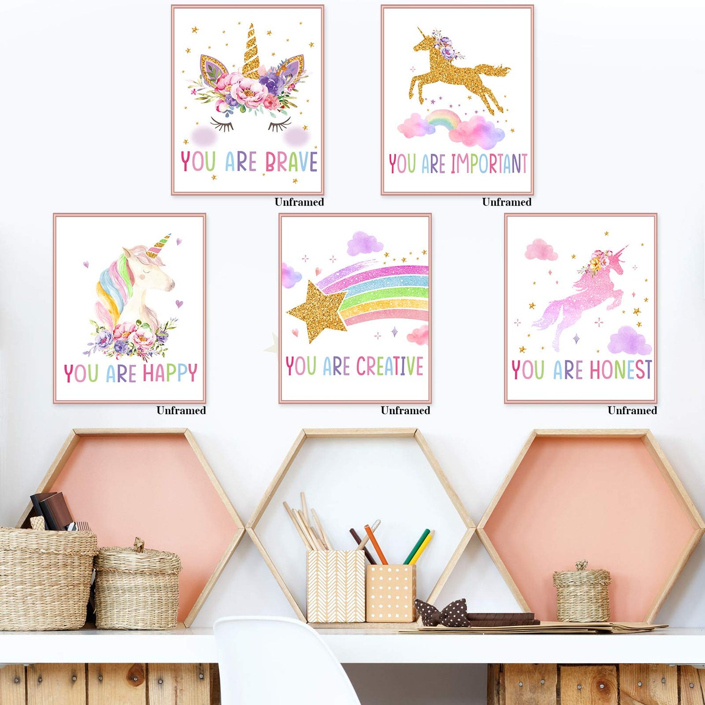 Zonon 9 Pieces Unicorn Rainbow Wall Art Prints Unicorn Rainbow Motivational Posters Unframed Watercolor Unicorn Rainbow Posters for Girls Kids Bedroom Nursery Decorations