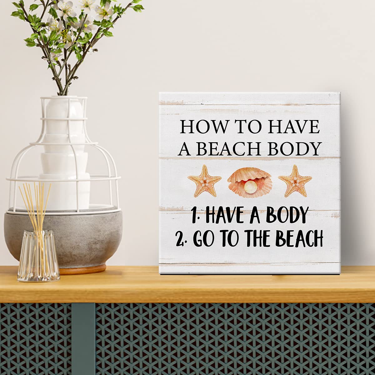 Rustic How to Have a Beach Body Canvas Prints Wall Art Decor Beach Poster Painting Framed Artwork Seaside Desk Signs Farmhouse Home Shelf Wall Decoration 8 x 8 Inch
