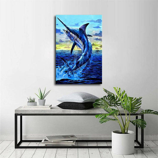 BUUTUUCE Ocean Jumping Blue Marlin Fishing Canvas Art Poster and Wall Art Picture Print Modern Family bedroom Decor Posters 08x12inch(20x30cm)