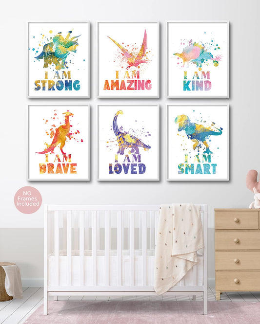 Dinosaur Room Wall Decor Dinosaur Poster For Boys, Nursery Dinosaurs Wall Art Decor Positive Affirmations Art Prints For Kids Boys, Bedroom, Playroom, Nursery, Room Decoration（6 Pcs,8 X 10 In）