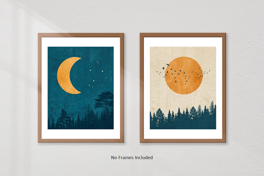 Sun and Moon Wall Decor -Unframed Set of 2 (8x10 Inch)- Sun and Moon Wall Art, Blue Abstract Modern Chic Boho Wall Art Decor Poster Prints for Home Room Bedroom Nursery Livingroom Kitchen by LIYA