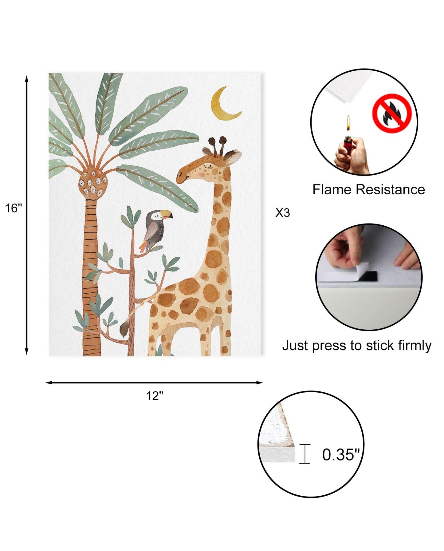 Boho Animal Nursery Wall Art: Safari Animal Prints for Kids' Room, Baby Nursery Decor for Boy Girl, 3 Pieces Giraffe Lion Parrot Rainbow Picture Bedroom Decoration 12" x 16"