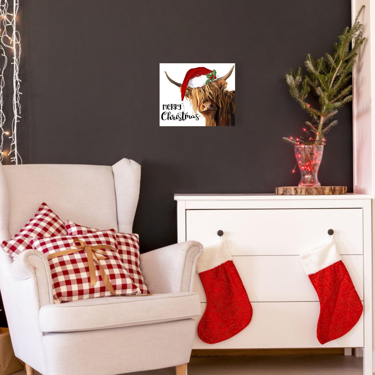 YPY Highland Cow Canvas Wall Art: Merry Christmas Cow Decorations for Home - Red Hat Cow Picture Farmhouse Decor Cute Farm Animal Print Framed Poster for Bedroom Living Room 10" x 12"