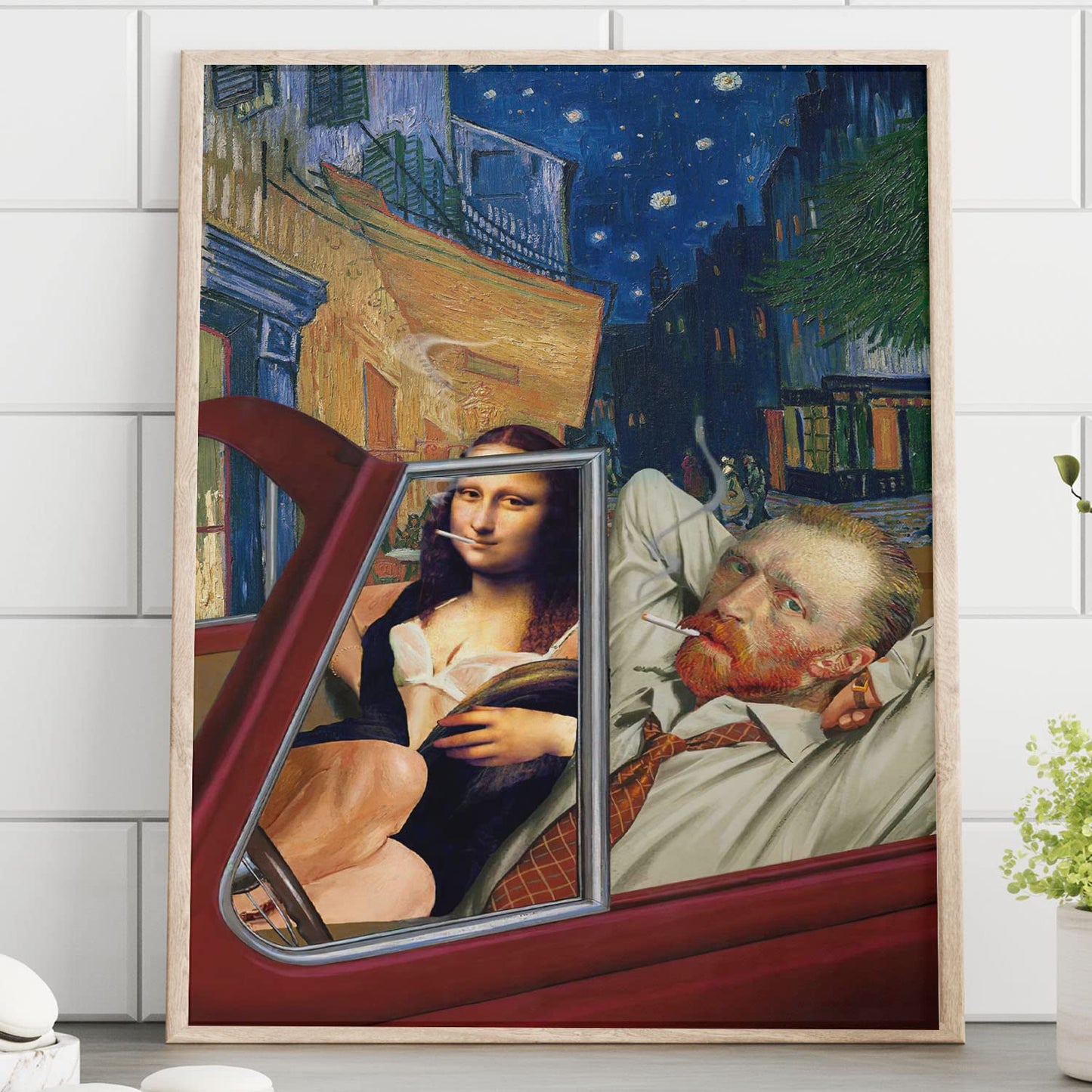 Van Gogh Starry Night Wall Decor - Mona Lisa Posters Wall Art - Funny Posters - Gag Gifts - Cool Edgy Poster - Van Gogh & Mona Lisa Driving Red Sports Car - Vintage Landscape Wall Art, 8x10" Unframed