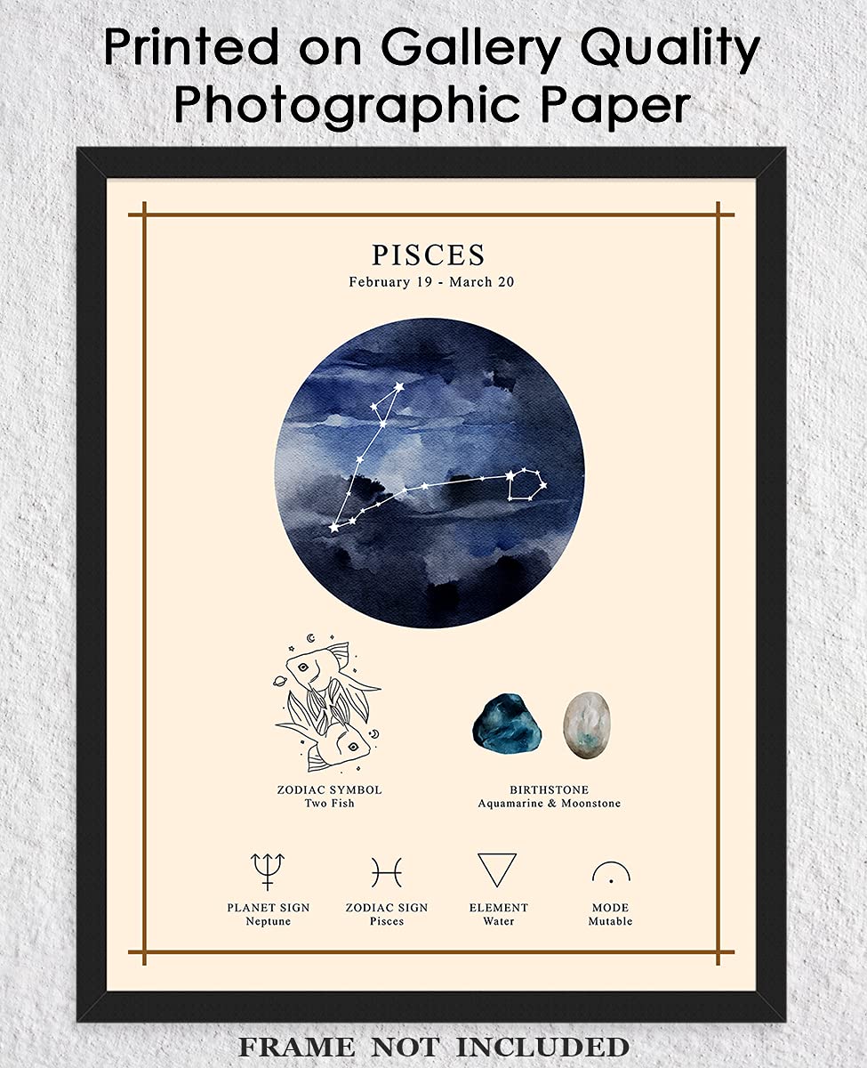 Pisces Zodiac Astrology Poster: Unique Astronomy Boho Wall Art Poster for Home, Office, Bedroom & Living Room Decor | Unframed Posters 8x10"