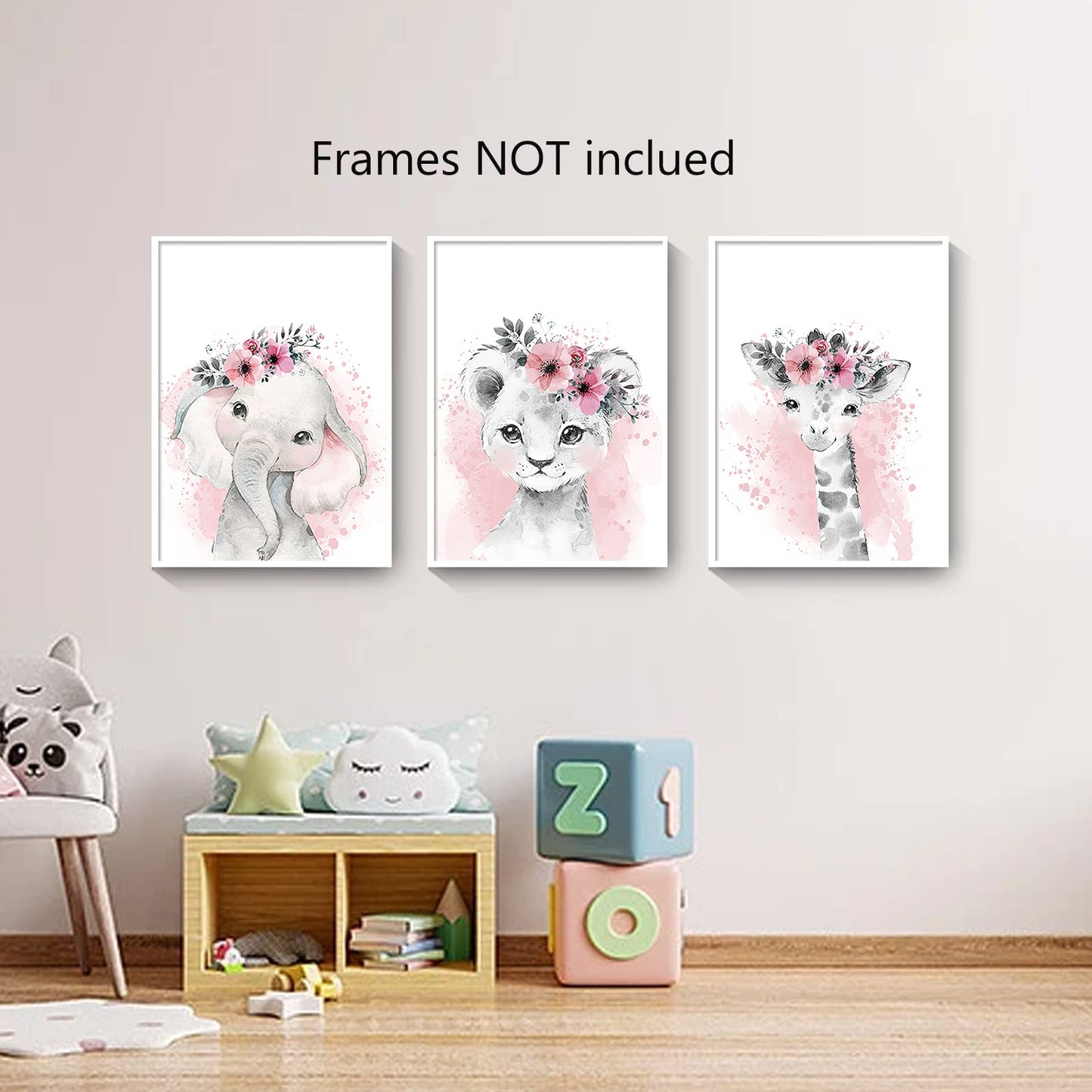 3pcs/set Kid Posters, Cute Animals Wall Art Kawaii Elephant Lion Giraffe Posters Floral Canvas Paintings Print Picture For Kids Room Nursery Decor Art(Kawaii Animals, 8"x12"x3pcs Unframed)