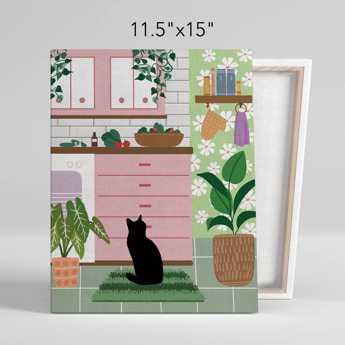 NISTOMISU Black Cat in the Pink Kitchen Canvas Prints Wall Decor Boho Botanical Black Cat Canvas Art Sign Canvas Poster Gifts for Home Kitchen Decor 11.5"x15"