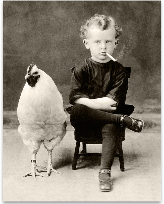 Bizarre Boy with Giant Chicken Oddities and Curiosities Poster - 11x14 Unframed Vintage Wall Art Weird Decor Print - Perfect Goth Funky Decor for Home, Bathroom Goth Room Decor