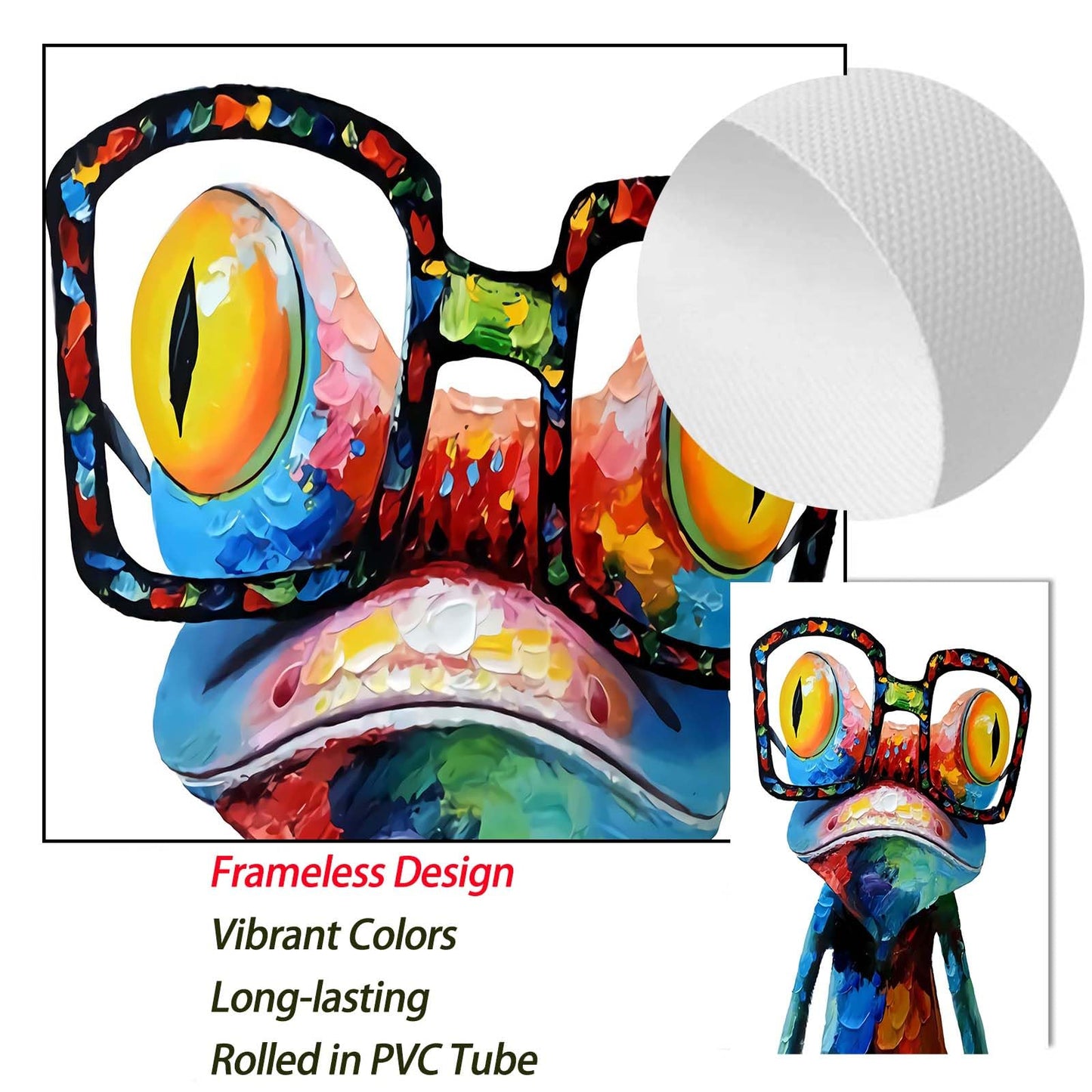 Cute Frog Wall Art Canvas Paintings Colorful Funny Frog with Glasses Pictures, Abstract Animals Canvas Wall Art Posters Prints for Bedroom Living Room Kitchen Bathroom Office Wall Decor