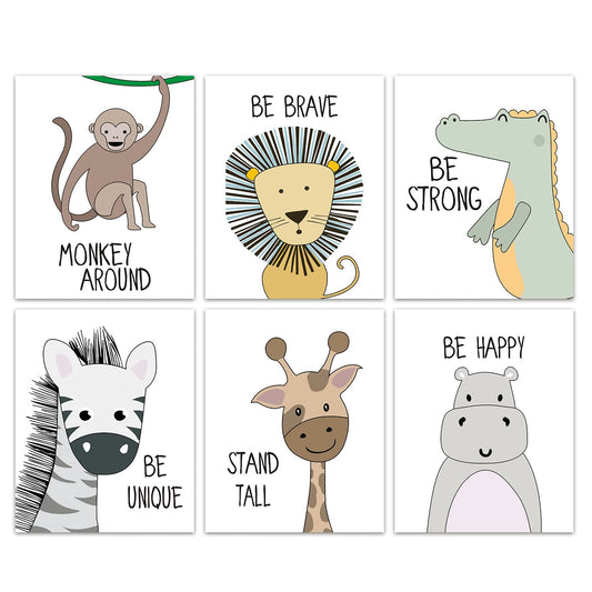 KAIRNE Cartoon animals Art Print, Giraffe Lion Zebra Monkey Forest Animals With Motivational Quote Saying Wall Poster Painting,Set Of 6(8”X10”,Unframed Nursery Wall Art
