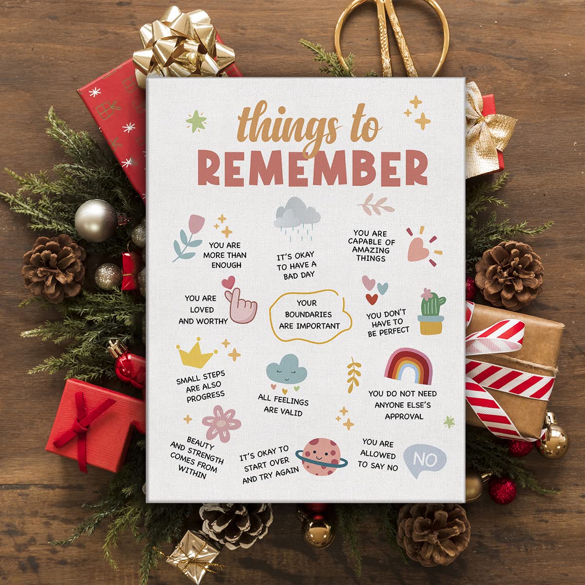 Yuzi-n Positive Things to Remember Print Poster Self Care Mental Health Painting Canvas Wall Art & Tabletop Decoration Home Therapy Artwork, Easel & Hanging Hook 12x15Inch