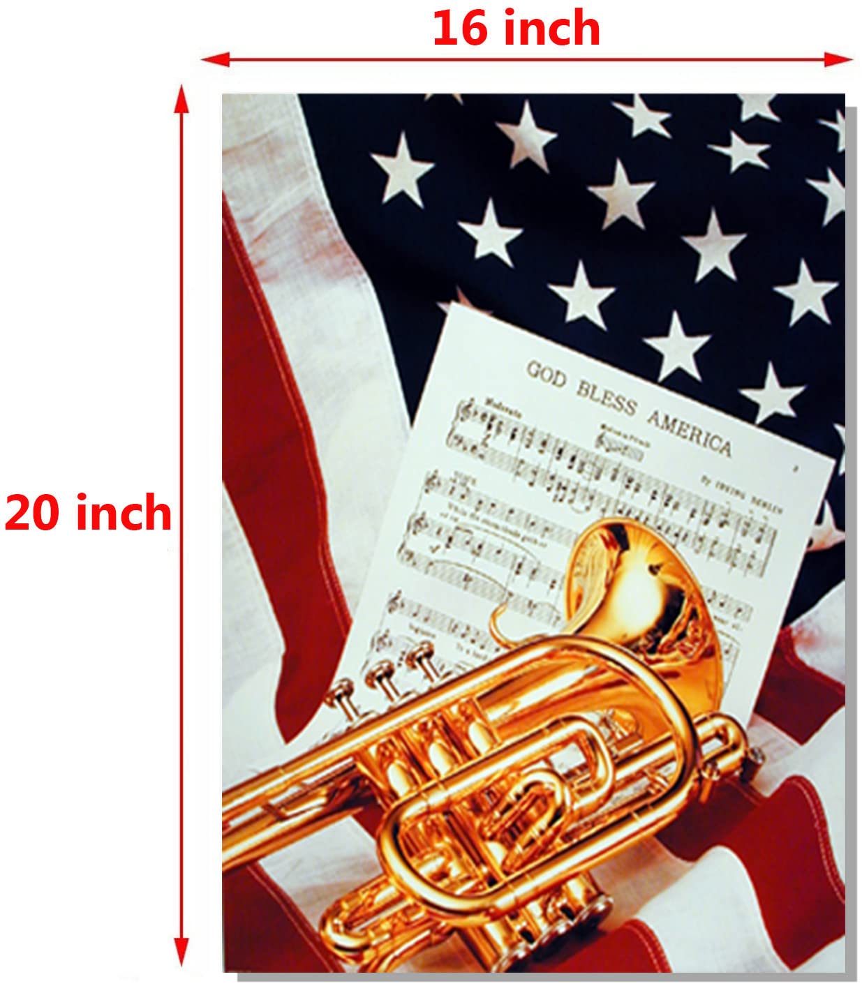 Musical Patriotic American Trumpet Instrument & Music Sheet Lying on American Flag Wall Decor Art Print Poster (16x20)