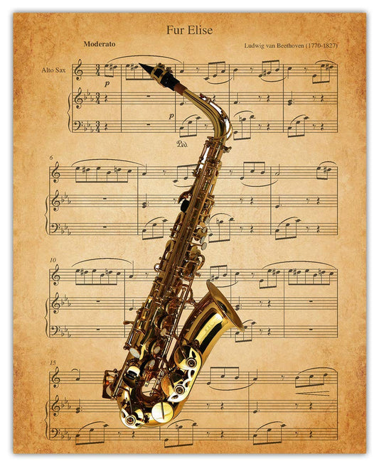 Vintage Saxophone Fur Elise Music Sheet: Aesthetic Wall Art Prints for Bathroom, Home, Man Cave, Dorm, Office & Bar Wall Decor Poster - Creative Gift Idea for Music Lovers | Unframed Posters 8x10