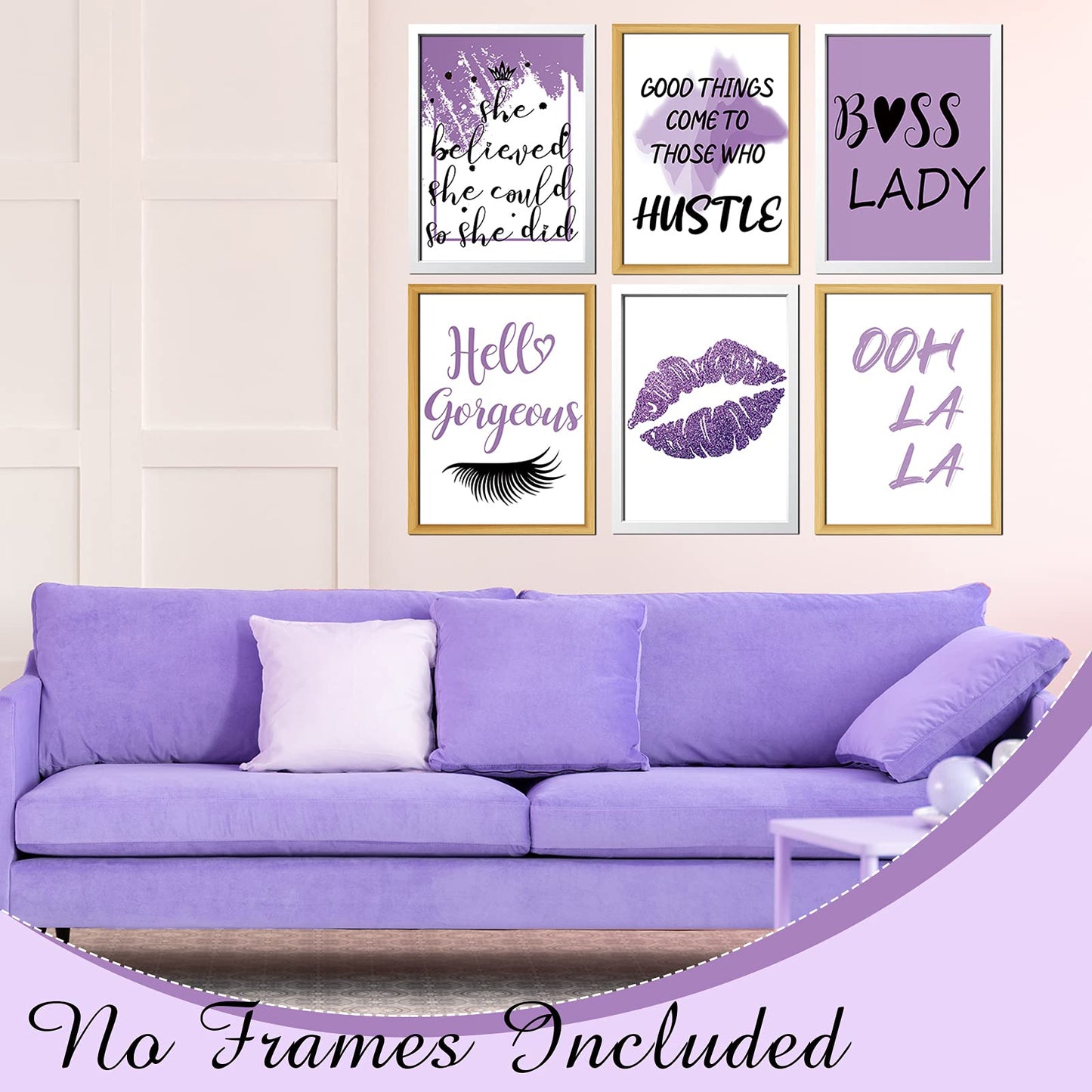 Clabby 6 Pieces Boss Lady Inspirational Wall Art, Motivational Saying Wall Poster, Typography Lady Art Print Wall Decor, Unframed Motivational Print for Women Bathroom Lash Room (Purple)