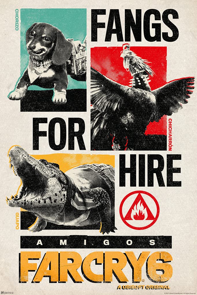 Far Cry 6 Poster Fangs For Hire Chorizo Guapo Chicharron Video Game Gaming Gamer Merchandise Collectibles Collectors Merch Wall Art Gift Room Home Cool Play Cool Wall Decor Art Print Poster 12x18