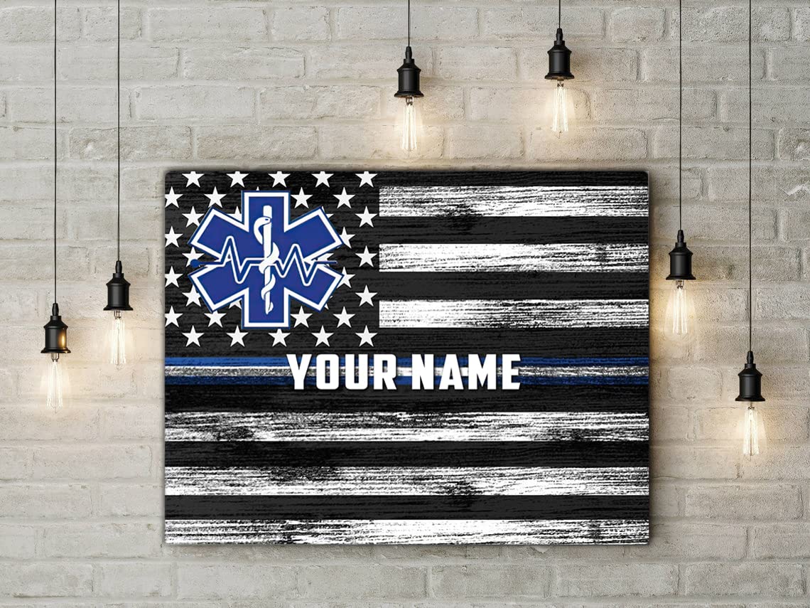 HomeDesign Personalized EMS EMT Paramedic Thin White Line Star American Flag Graduation Custom Retired Retirement Poster Canvas 1.5in Framed Prints Wall Art Home Decoration Artwork Picture EMT2