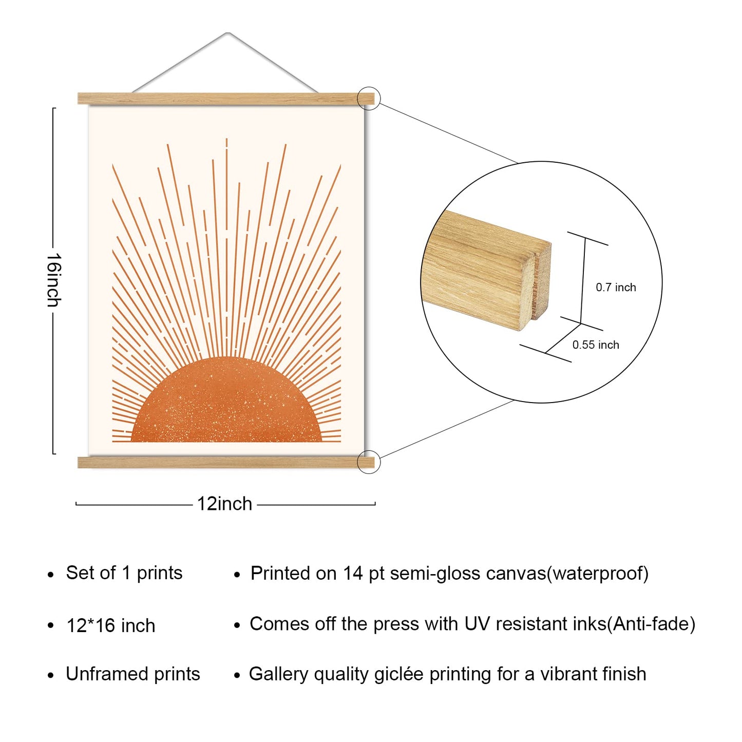 Boho Sun Wall Art Magnetic Poster Hanger Frame Wooden Magnet Canvas Artwork Sun Wall Art Rising on the Horizon Geometric Nature Illustrations Line Art Poster Hanger for Living Room Bathroom 12"x16"