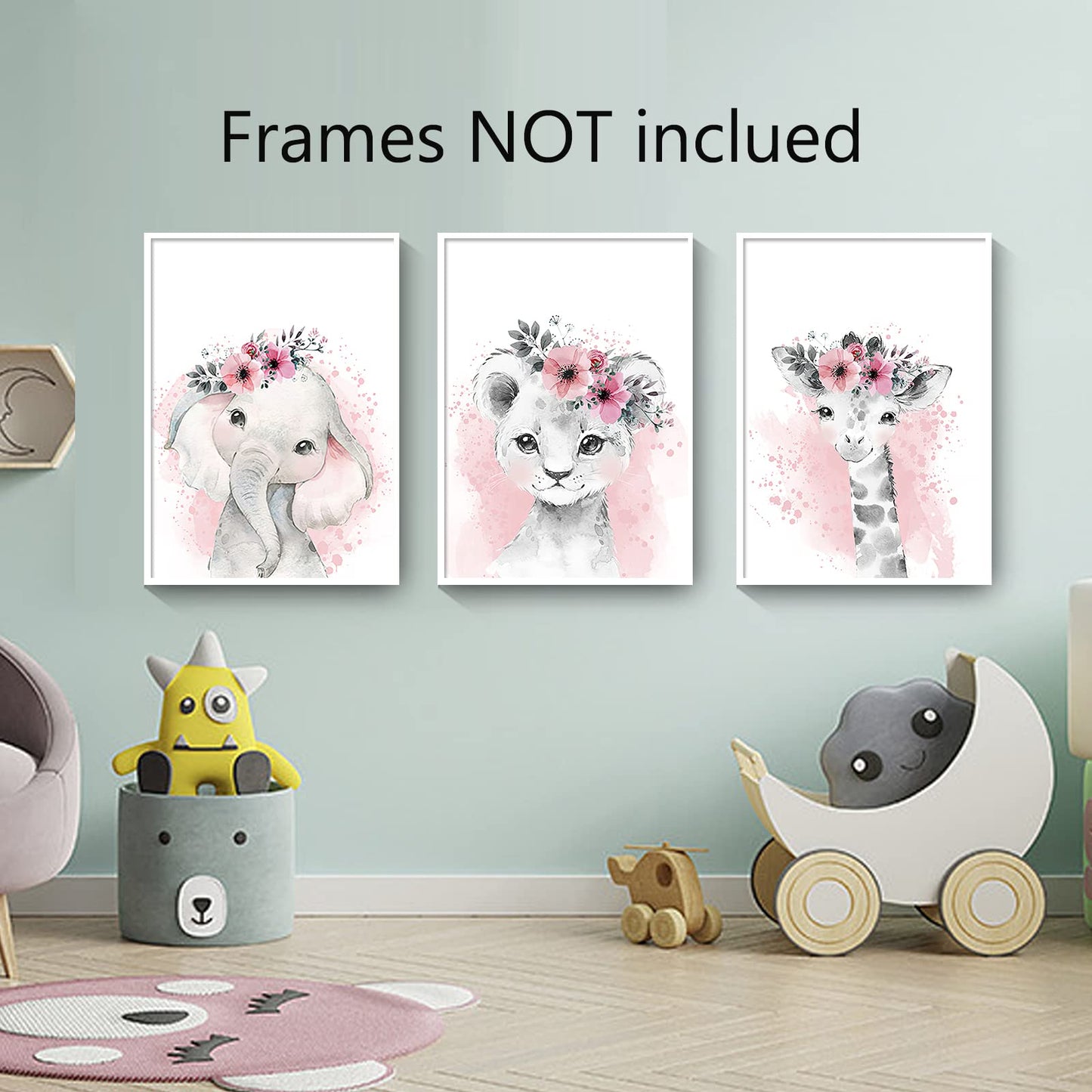 3pcs/set Kid Posters, Cute Animals Wall Art Kawaii Elephant Lion Giraffe Posters Floral Canvas Paintings Print Picture For Kids Room Nursery Decor Art(Kawaii Animals, 8"x12"x3pcs Unframed)