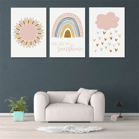 Nordic Morandi Color Rainbow Sun Cloud Nursery Art Print,Boho Wall Art,You are My Sunshine Quotes Canvas Poster for Kids Room Living Room Decor (8x12inchx3 Unframed)