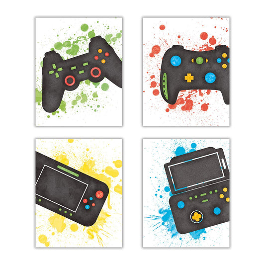 Sanrx Video Game Art Print Watercolor Typography Cardstock,Funny Gaming Themed Poster Match Controllers Picture Artwork For Teen Boy Media Room Kid Gamer Playroom Wall Decor(set of 4,8’x 10’UNFRAMED)