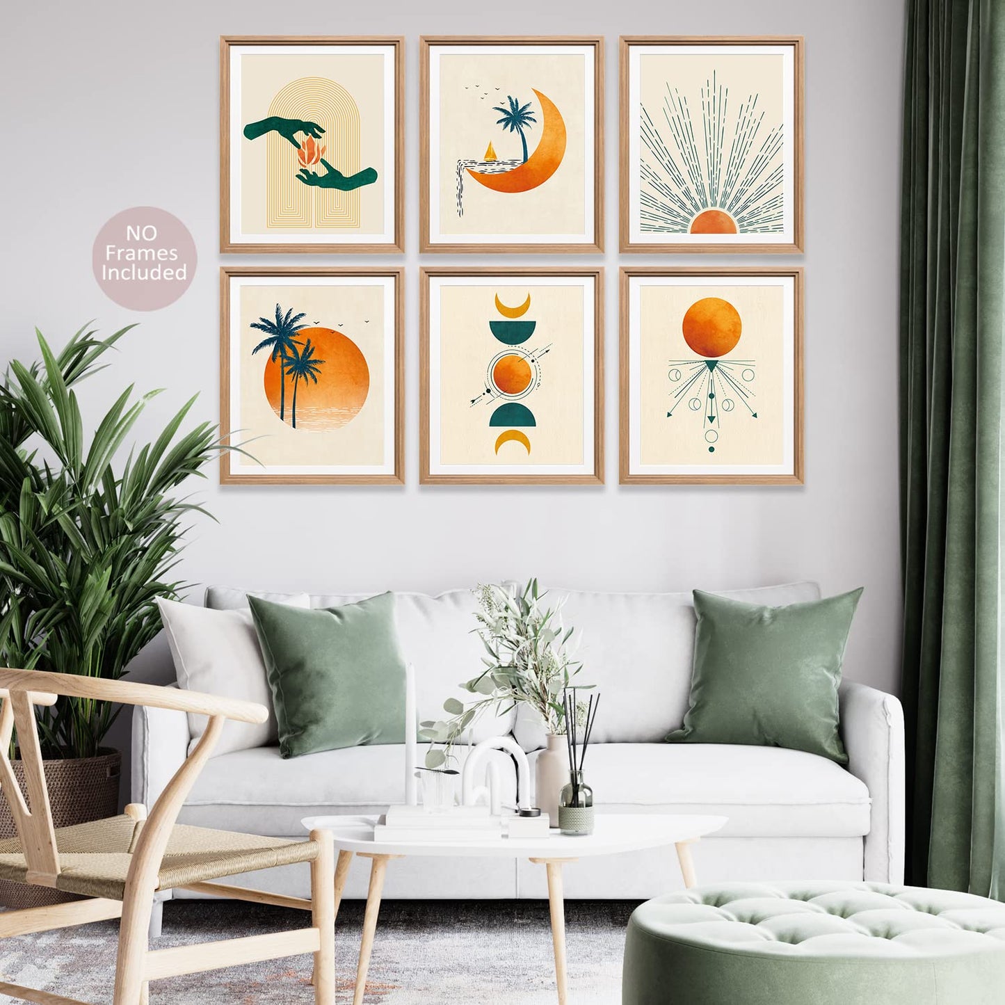 Abstract SunsetSunrise Landscape Art Prints, Modern Mid Century Geometric Decor, Boho Sun Moon Wall Art Posters Set of 6 (8x10 in Unframed) Palm Leaf Rainbow Boho Room Bedroom Bathroom Wall Decor