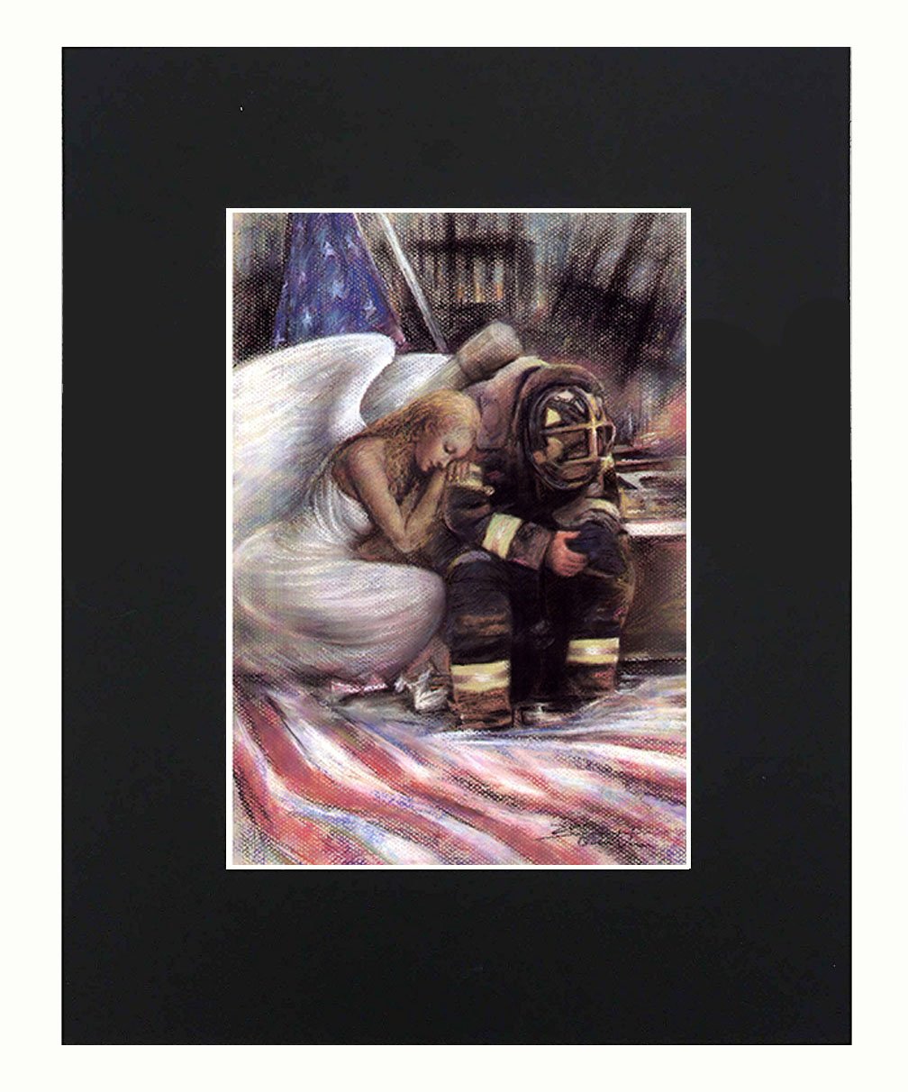 XQArtStudio Angel & Firefighter NYFD 911 8x10 Black Matted Art Artworks Print Paintings Printed Picture Photograph Poster Gift Wall Decor Display