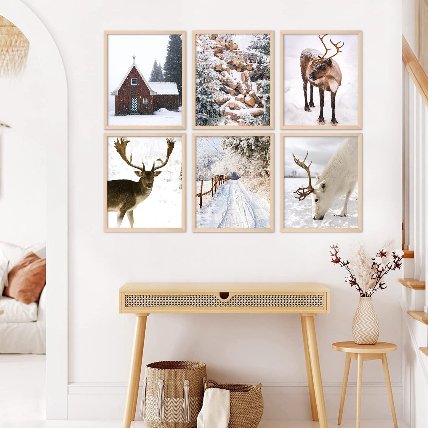 Whaline 8x10in 12Pcs Winter Wall Art Prints Cozy Christmas Room Decor Scandinavian Poster Snow Forest Frost Pictures Xmas Tree Deer Mountain House Photo for Gallery Wall Home Nordic Decor(UNFRAMED)