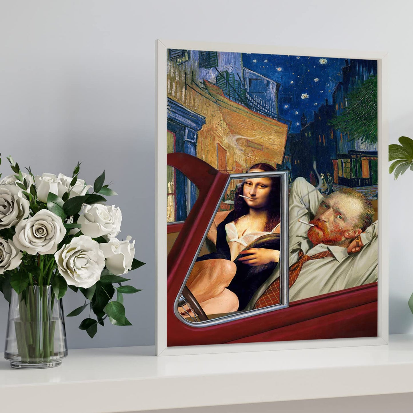Van Gogh Starry Night Wall Decor - Mona Lisa Posters Wall Art - Funny Posters - Gag Gifts - Cool Edgy Poster - Van Gogh & Mona Lisa Driving Red Sports Car - Vintage Landscape Wall Art, 8x10" Unframed