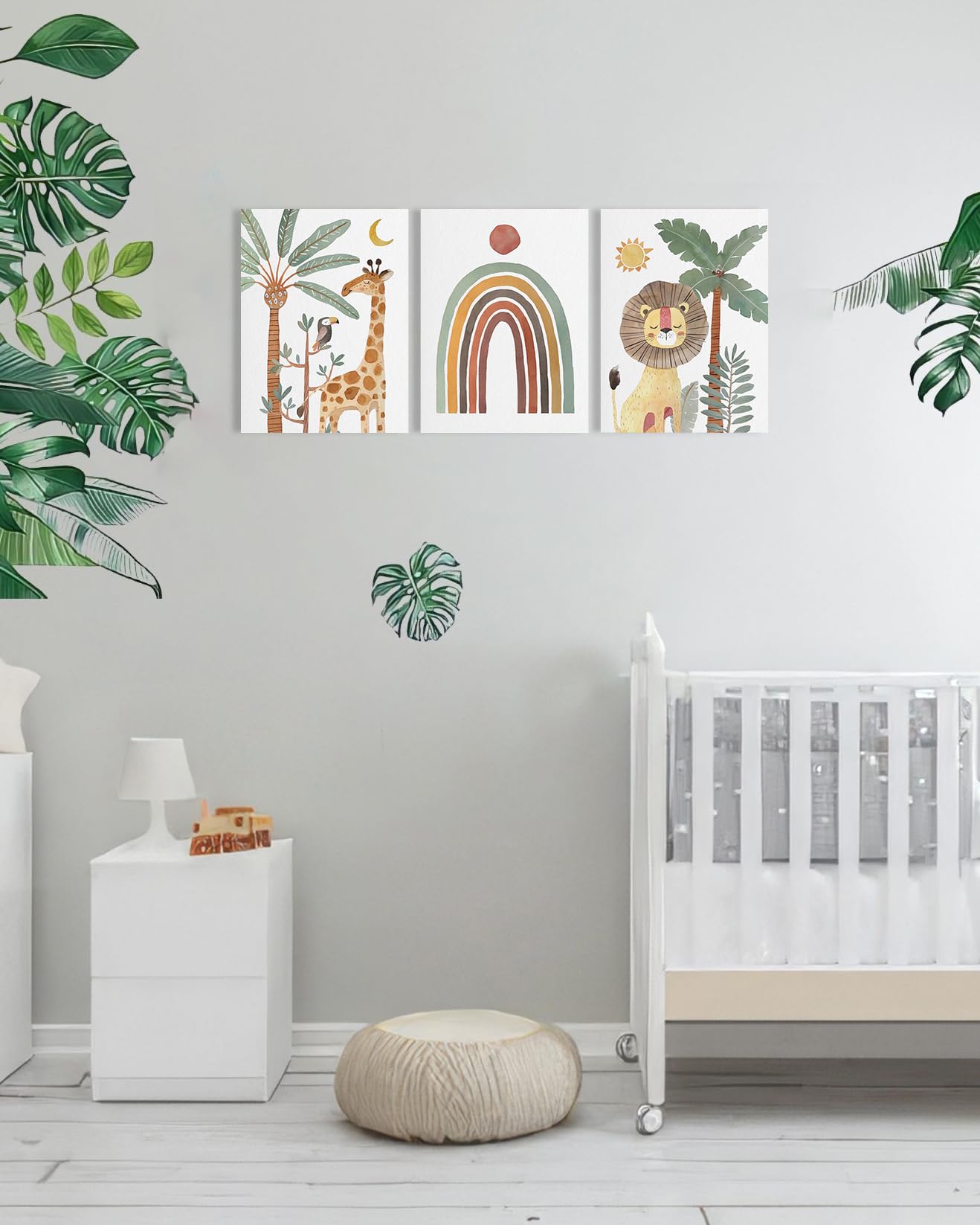 Boho Animal Nursery Wall Art: Safari Animal Prints for Kids' Room, Baby Nursery Decor for Boy Girl, 3 Pieces Giraffe Lion Parrot Rainbow Picture Bedroom Decoration 12" x 16"