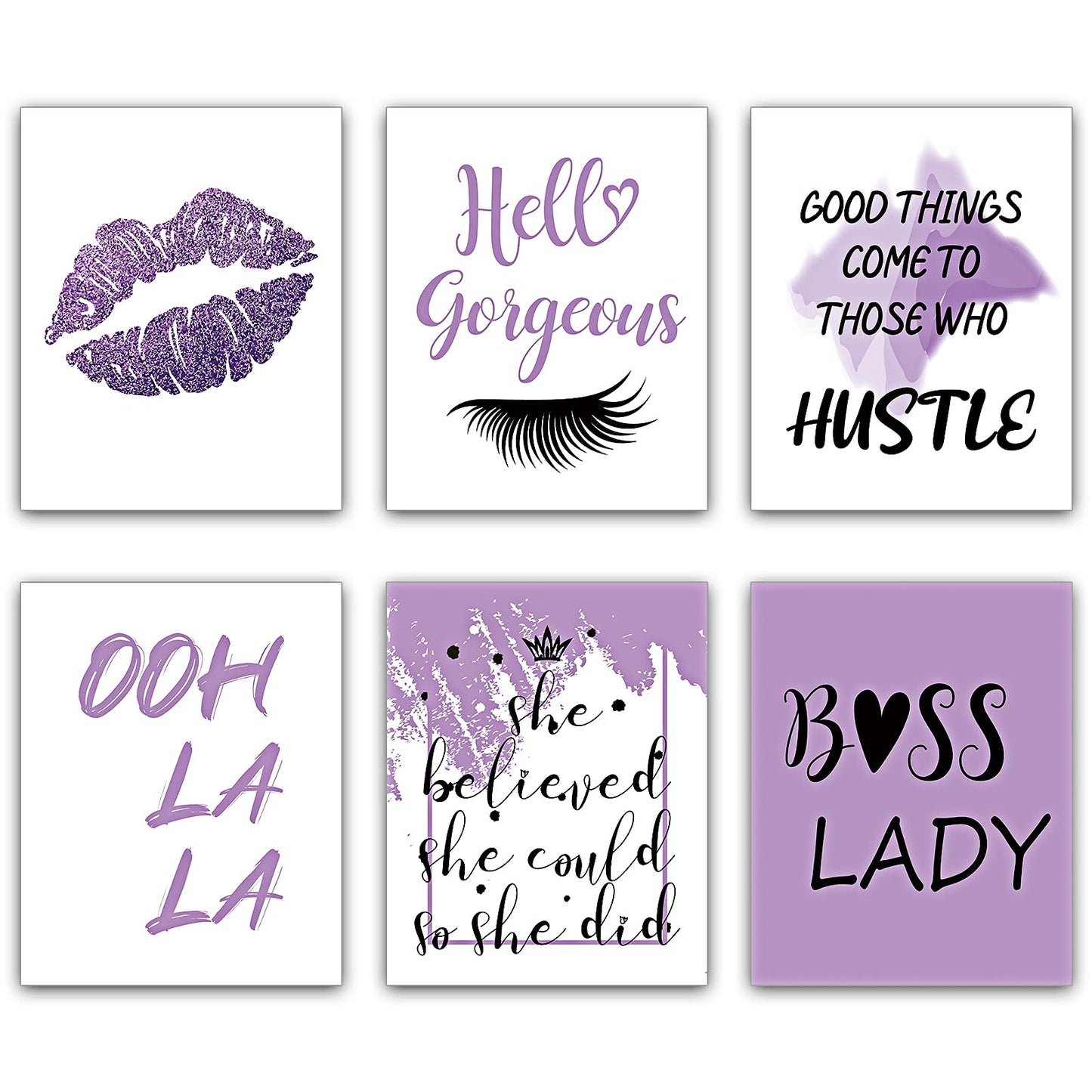 Clabby 6 Pieces Boss Lady Inspirational Wall Art, Motivational Saying Wall Poster, Typography Lady Art Print Wall Decor, Unframed Motivational Print for Women Bathroom Lash Room (Purple)