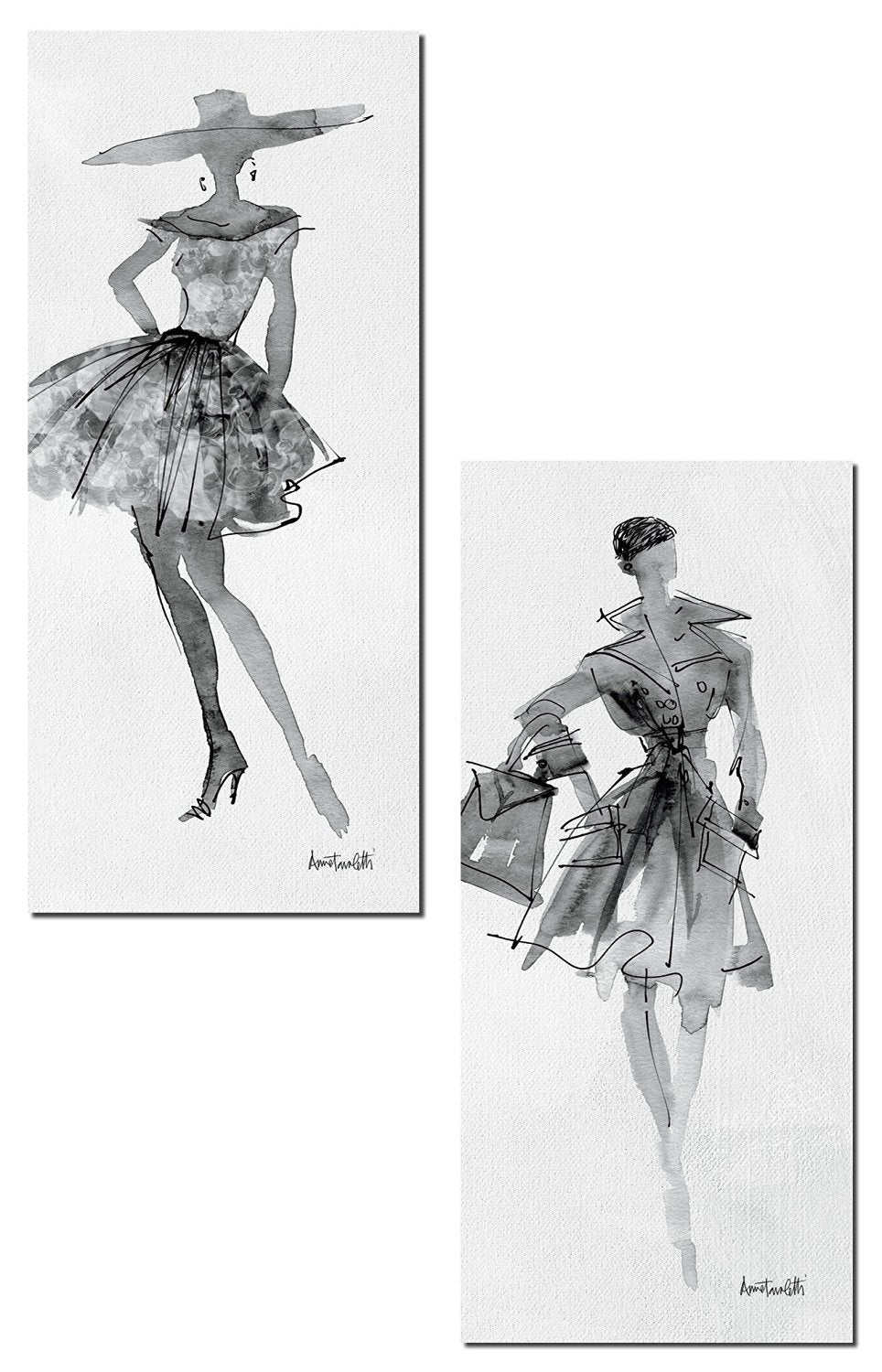Gango Home Décor Trendy Runway Fashion Model Sketch Panel Sets by Anne Tavoletti; Two 8x18in Paper Posters