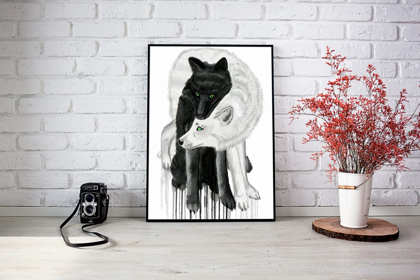 7Dots Art. Black and white Wolves Couple. Romantic Animals Family Series. Art Print, Poster 8"x10" on Fine Art Thick Watercolor Paper for Living Room, Bedroom, Bathroom. Wall Art Decor. (Wolf)