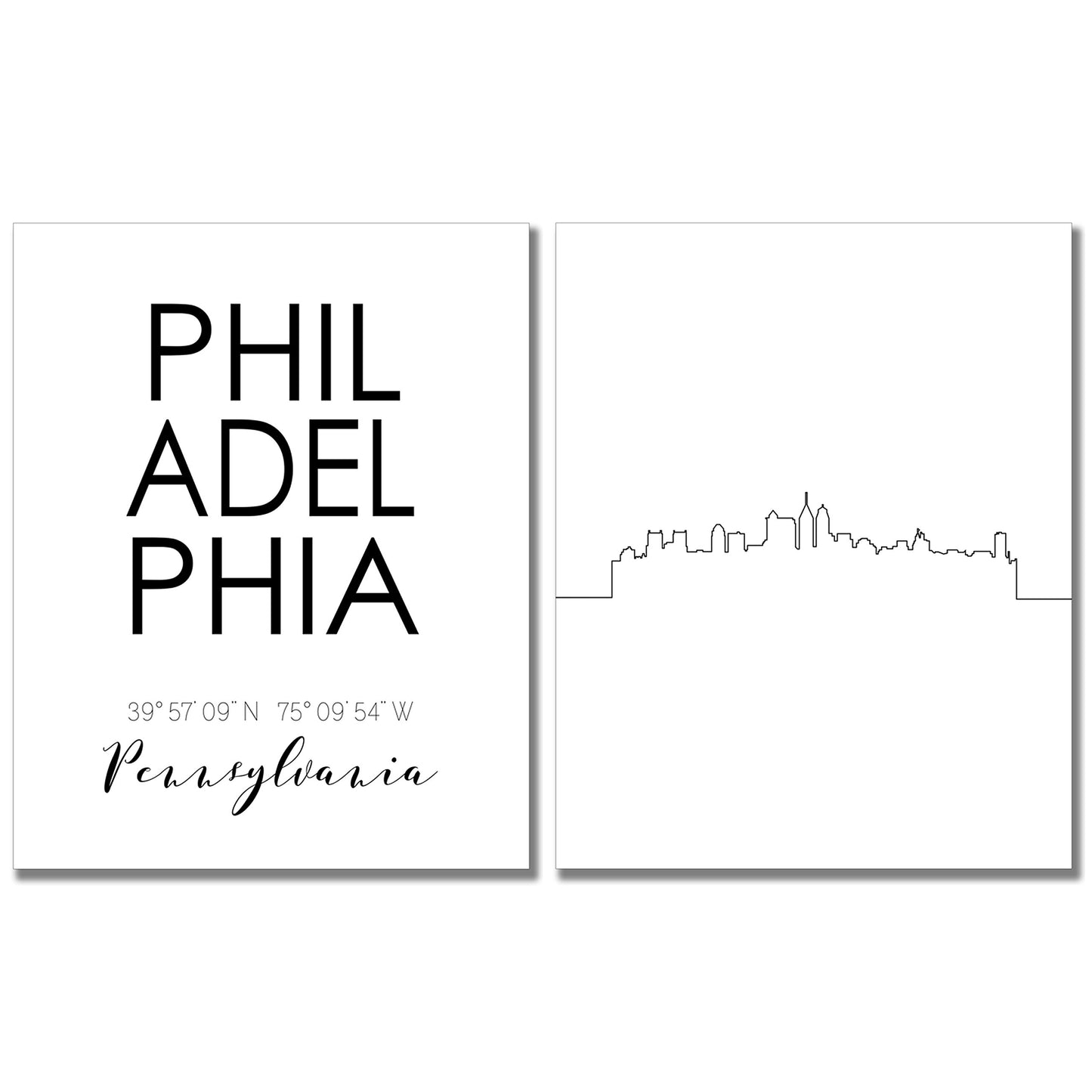 Philadelphia City Skyline Wall Décor Prints - Set of 2 (8x10) Art Photos - Typography Minimalist Poster