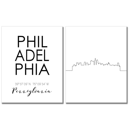 Philadelphia City Skyline Wall Décor Prints - Set of 2 (8x10) Art Photos - Typography Minimalist Poster