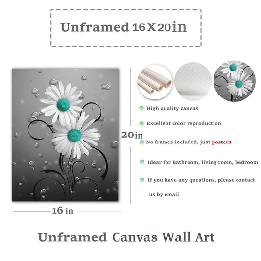 Daisy Canvas Wall Art Flower Bathroom Art Abstract Teal Daisy Poster White Flower Canvas Painting Rustic Daisy Wall Art Decor Country Floral Poster Prints for Living Room Bedroom (Unframed,16x20inch)