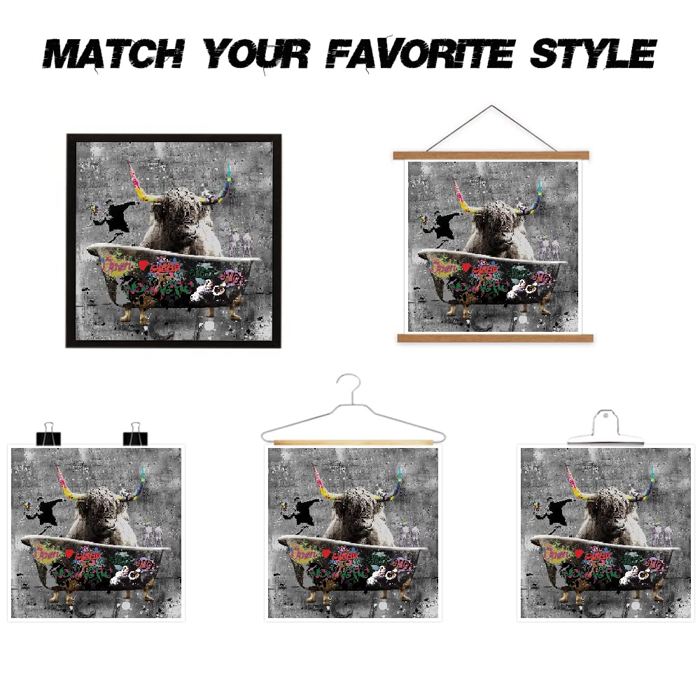 Funny Highland Cow Wall Art in Bathtub, Banksy Graffiti Canvas Wall Art, Black and White Cow In Bathroom Picture Farmhouse Style Wall Decor Posters Unframed 12x12 inch