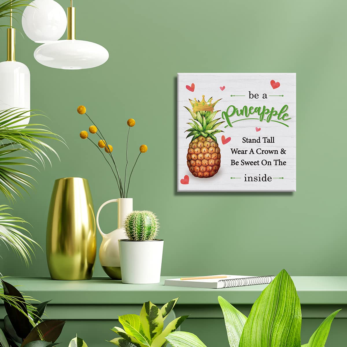 Positive Summer Canvas Prints Wall Art Decor Desk Sign Be a Pineapple Quote Poster Painting Framed Artwork 8 x 8 Inch Girl Daughter Room Home Office Shelf Wall Decoration