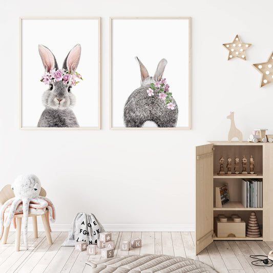 AnyDesign 2Pcs Easter Bunny Wall Art Prints Baby Bunny Rabbit Art Poster Baby Animals Nursery Flower Prints Room Decor Aesthetic for Nursery Wall Kids Bedroom Home Decor (8"x10" UNFRAMED)