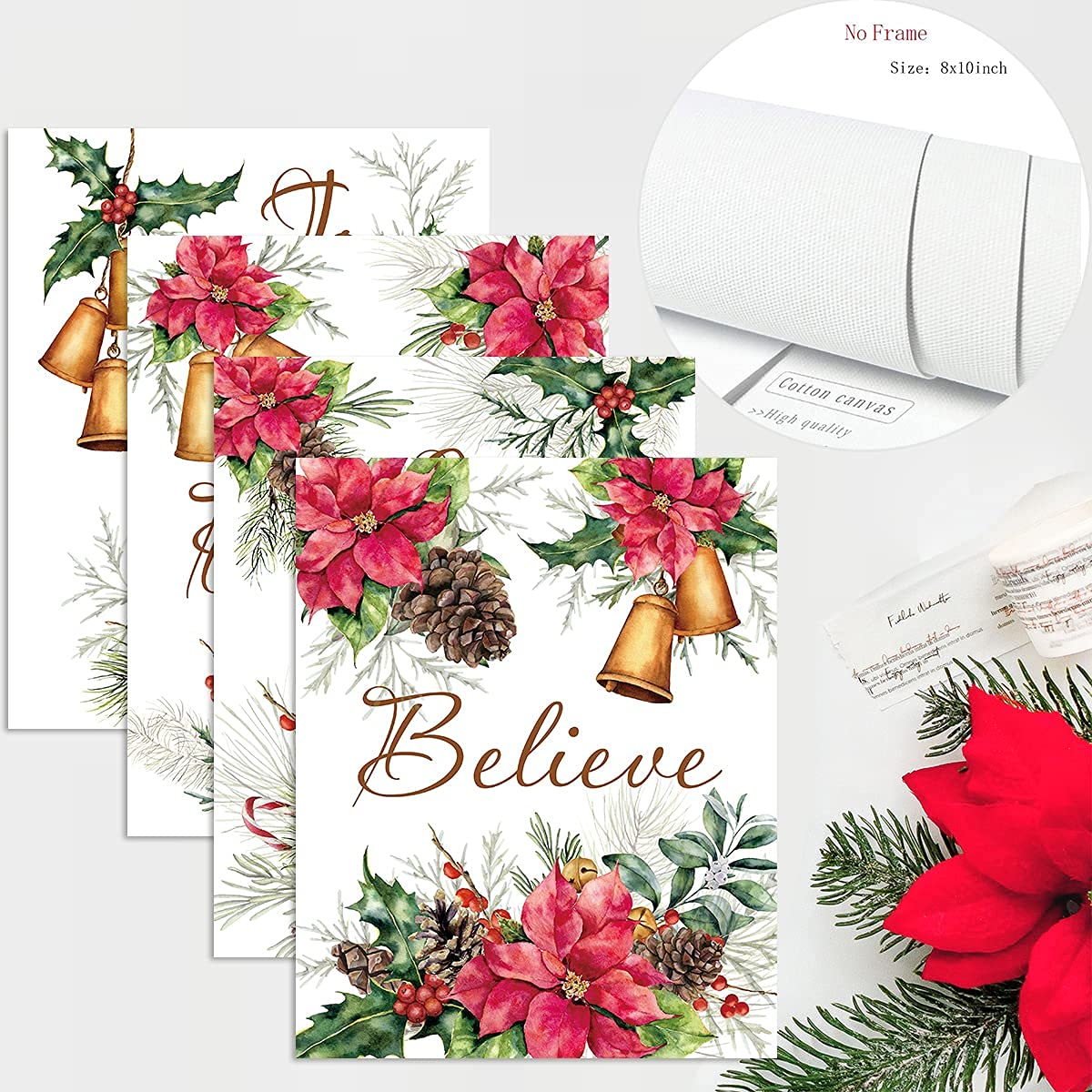 HLNIUC Jingle Bell Christmas Canvas art print,Vintage Xmas lettering Wall Art (4pcs, 8”X10”, Unframed),Red Poinsettia Flowers Poster For Bedroom Holiday Party Decor