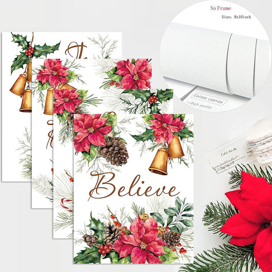 HLNIUC Jingle Bell Christmas Canvas art print,Vintage Xmas lettering Wall Art (4pcs, 8”X10”, Unframed),Red Poinsettia Flowers Poster For Bedroom Holiday Party Decor