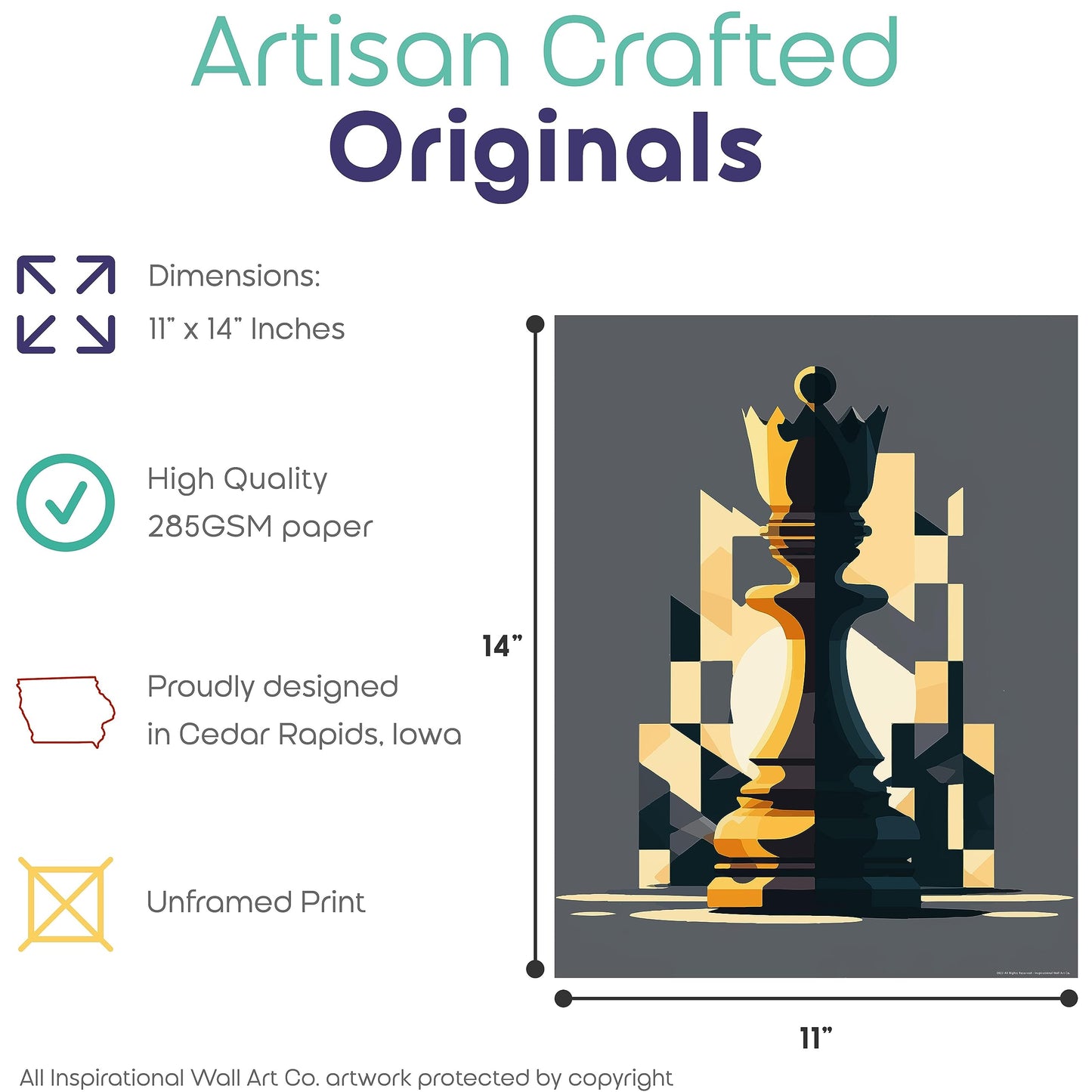 Inspirational Wall Art Co. - Win | Chess Piece Decor - Chess Poster - King and Queen Chess Art - Chess Board Decor - Chess Poster Print Artwork for Bedroom Office | 11x14 Inches Unframed